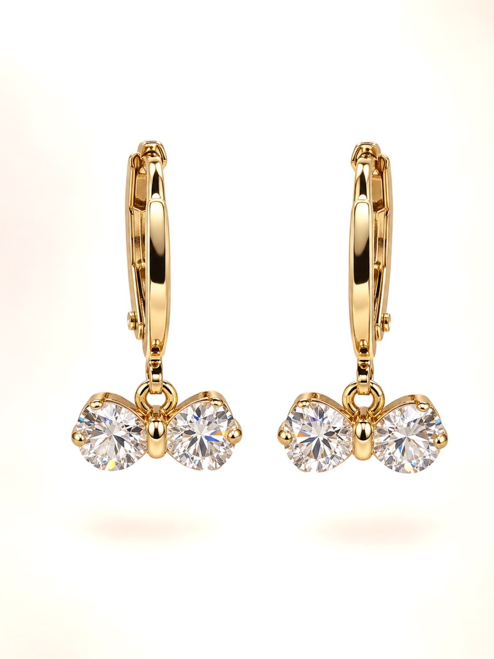 Gold Bow Huggie Earrings CZ Ribbon Drop Hoops